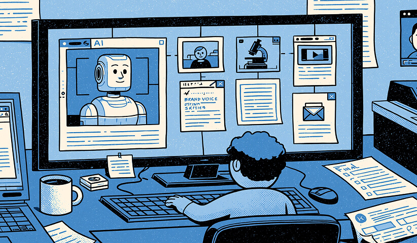 Content creator using AI-powered tools to develop marketing assets while managing brand guidelines, video content, and digital communications, highlighting AI-assisted content creation workflows.