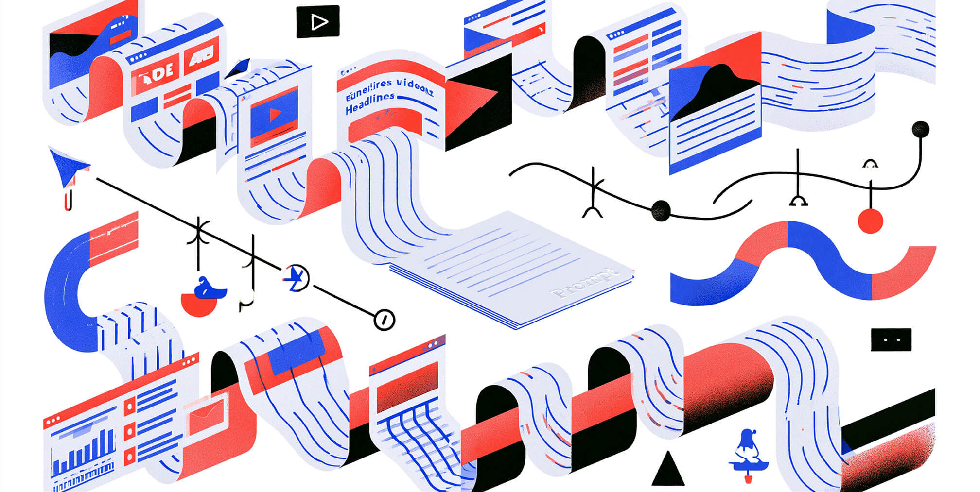 Flowing stream of AI-generated content connecting articles, videos, landing pages, emails, analytics, and digital assets, illustrating how artificial intelligence automates and scales modern advertising campaigns.