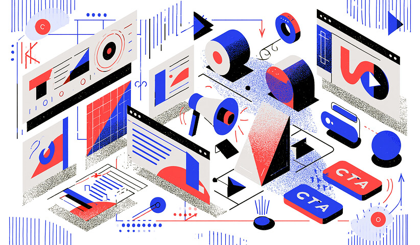 Collection of landing pages, call-to-action buttons, design elements, and optimization tools connected through AI workflows, illustrating automated creative testing and conversion optimization.
