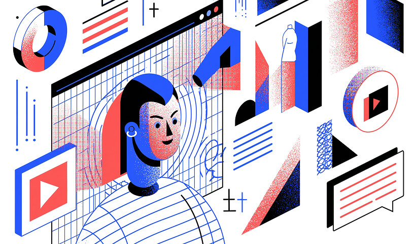 AI-generated digital spokesperson surrounded by video, messaging, and branding elements, representing personalized AI content creation for marketing and advertising campaigns.
