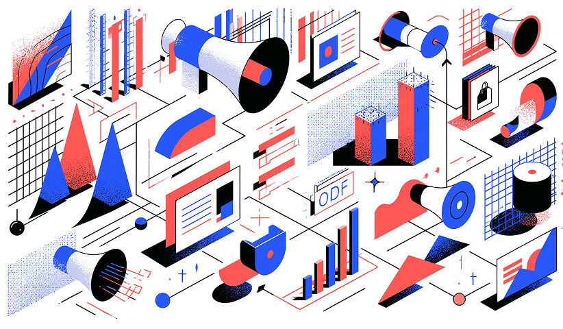 Marketing communication ecosystem featuring megaphones, charts, dashboards, and digital channels, illustrating AI-powered campaign distribution, audience targeting, and performance measurement.