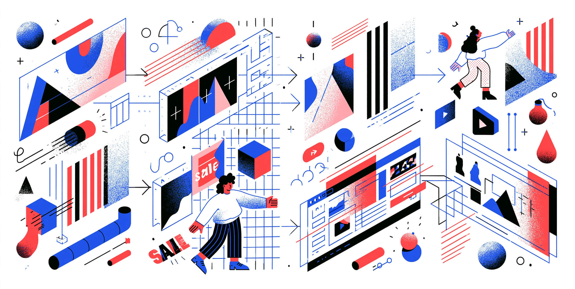Customer journey flowing across promotional content, ecommerce experiences, digital advertising, and personalized messaging, representing how AI delivers tailored advertising experiences across multiple touchpoints.