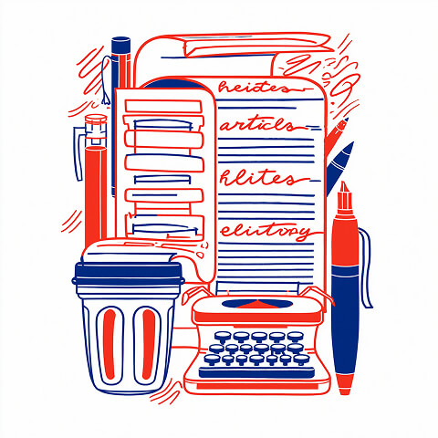Writer's workspace featuring a typewriter, notebook, coffee, books, and editing tools, representing AI-assisted writing for articles, blogs, and long-form content creation.