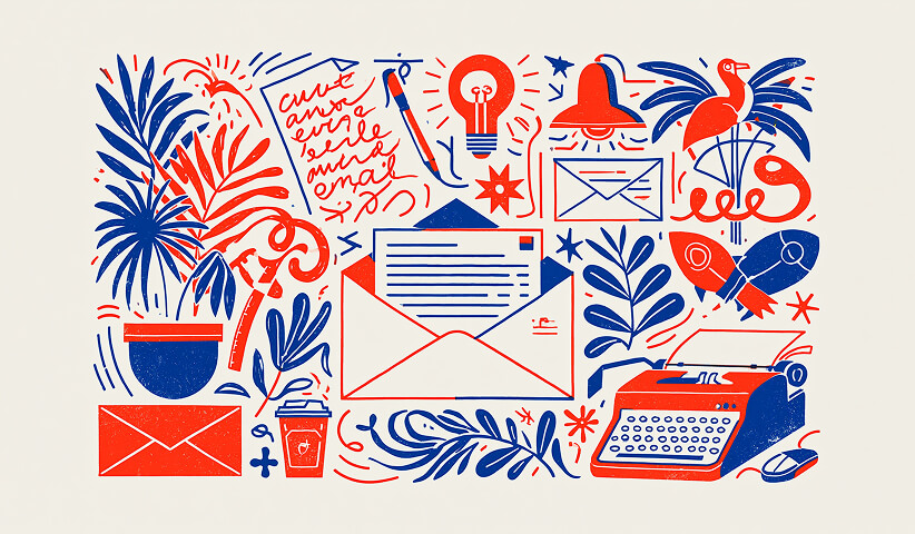 Email writing workspace surrounded by creative inspiration, stationery, messaging icons, and writing tools, illustrating AI-generated email campaigns and marketing copy.