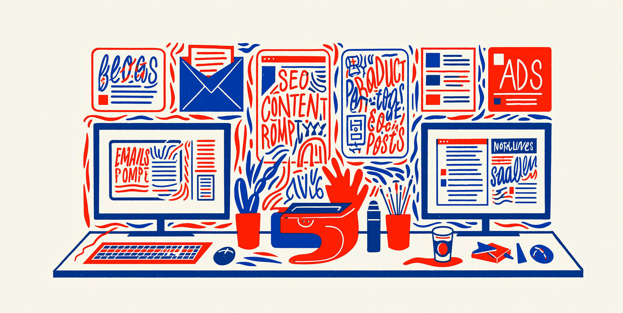Digital content production workspace displaying blogs, SEO content, product pages, email campaigns, and advertisements across multiple screens, representing AI writers generating content for every stage of the marketing funnel.