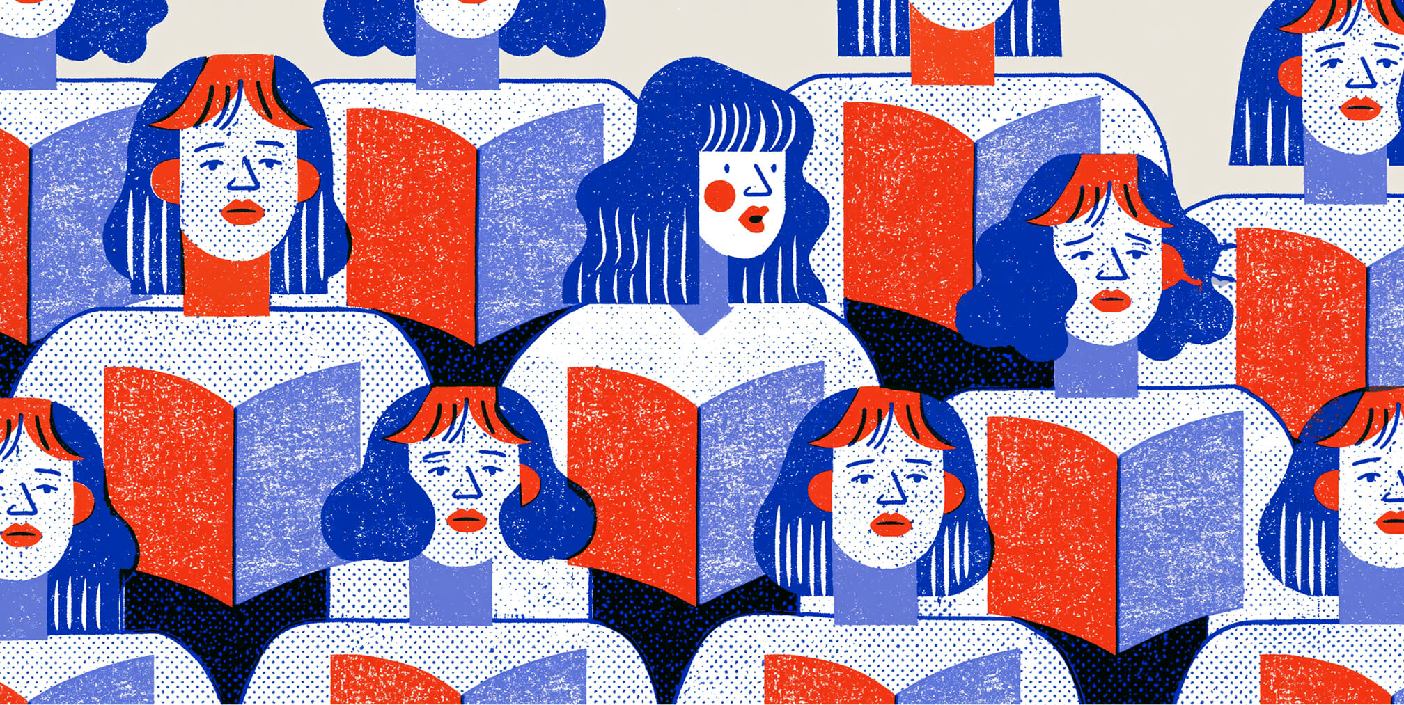 Illustrated pattern of diverse people reading documents with varied expressions, representing the challenge of transforming AI-generated text into natural, relatable, and human-centred content.
