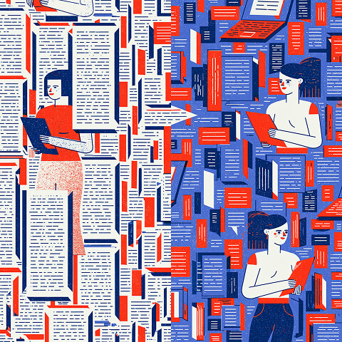 Writers navigating a dense environment of documents and written content, illustrating the process of reviewing and humanizing large volumes of AI-generated text.