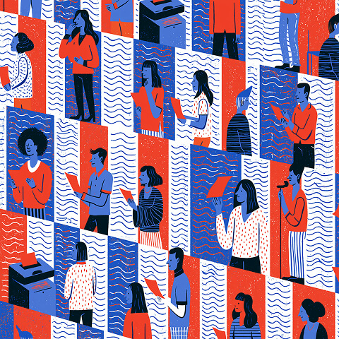 Diverse people communicating across connected content panels, representing the importance of natural tone, audience awareness, and human expression in AI-assisted writing.
