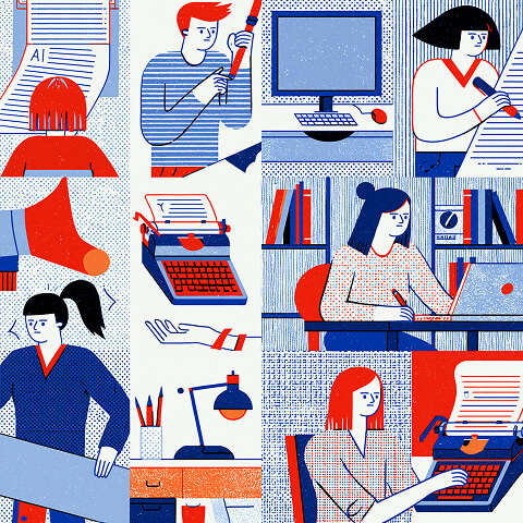 Creative team using computers, typewriters, editing tools, and printed drafts to refine AI content into clear, authentic, and engaging writing.