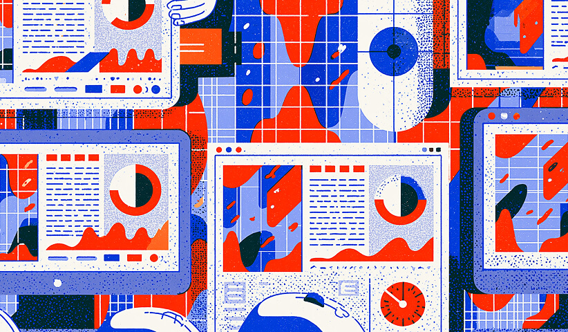 Multiple digital screens displaying content layouts, charts, and creative visuals, representing the editing and optimization of AI-generated content across digital platforms.