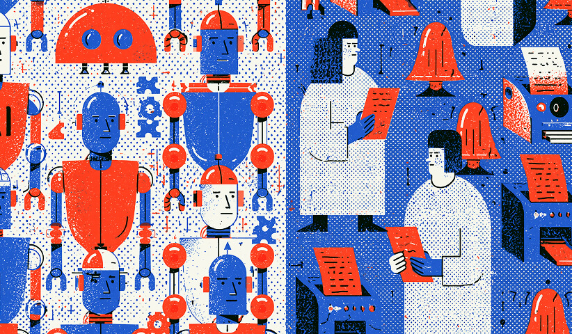Split illustration of robots and people reviewing written documents, symbolizing the balance between AI-generated content and human editorial judgment.