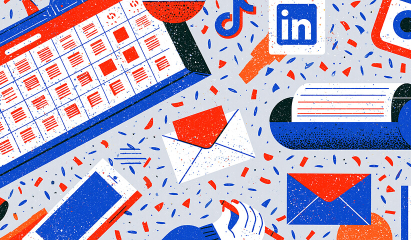 Email marketing calendar, social media icons, envelopes, and a printer arranged in a content workflow, representing humanized AI copy used across email and social campaigns.