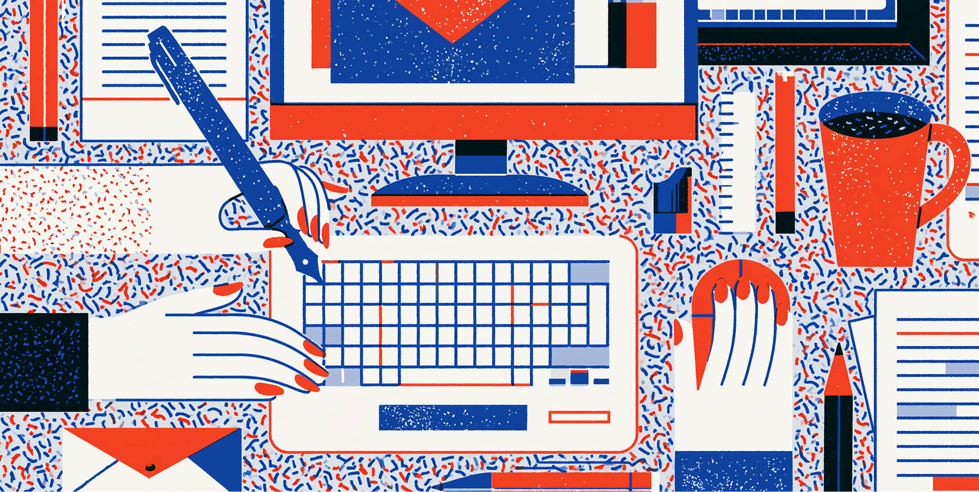 Writer editing digital content at a computer surrounded by email drafts, documents, stationery, and coffee, illustrating the human review process for AI-generated text.