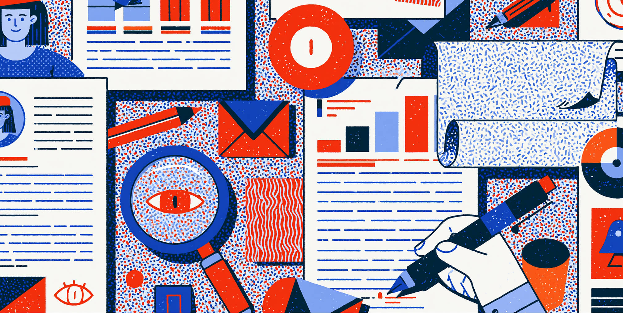Editorial workspace featuring documents, analytics, email, research tools, and a hand revising copy, representing the final review and humanization of AI content before publication.