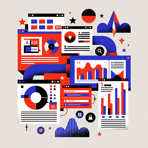 Collection of SEO dashboards, analytics reports, charts, and marketing interfaces representing AI platforms that optimize B2B content, search visibility, and campaign performance.