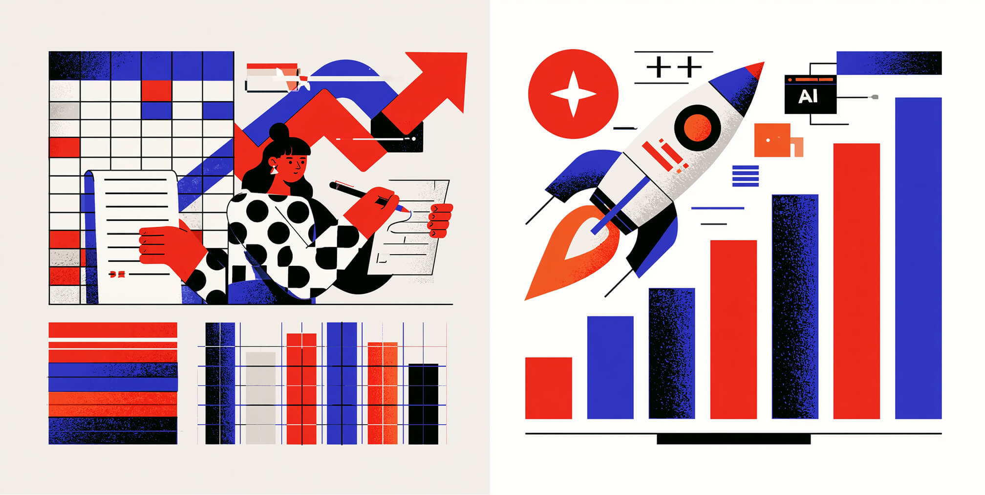 Marketing strategist reviewing reports beside a rocket launching above performance charts, symbolizing how AI-powered marketing tools help accelerate business growth, productivity, and campaign results.