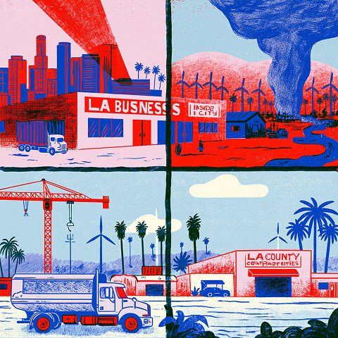 Split illustration of Los Angeles businesses, construction sites, industrial facilities, and county offices representing the different permits and licensing requirements across industries and locations.