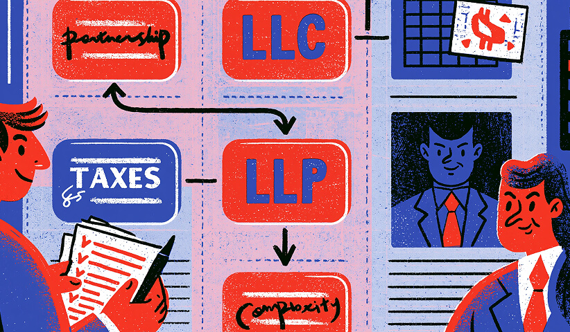 Flowchart comparing business structures including partnership, LLC, and LLP alongside tax considerations to help entrepreneurs choose the right legal entity.