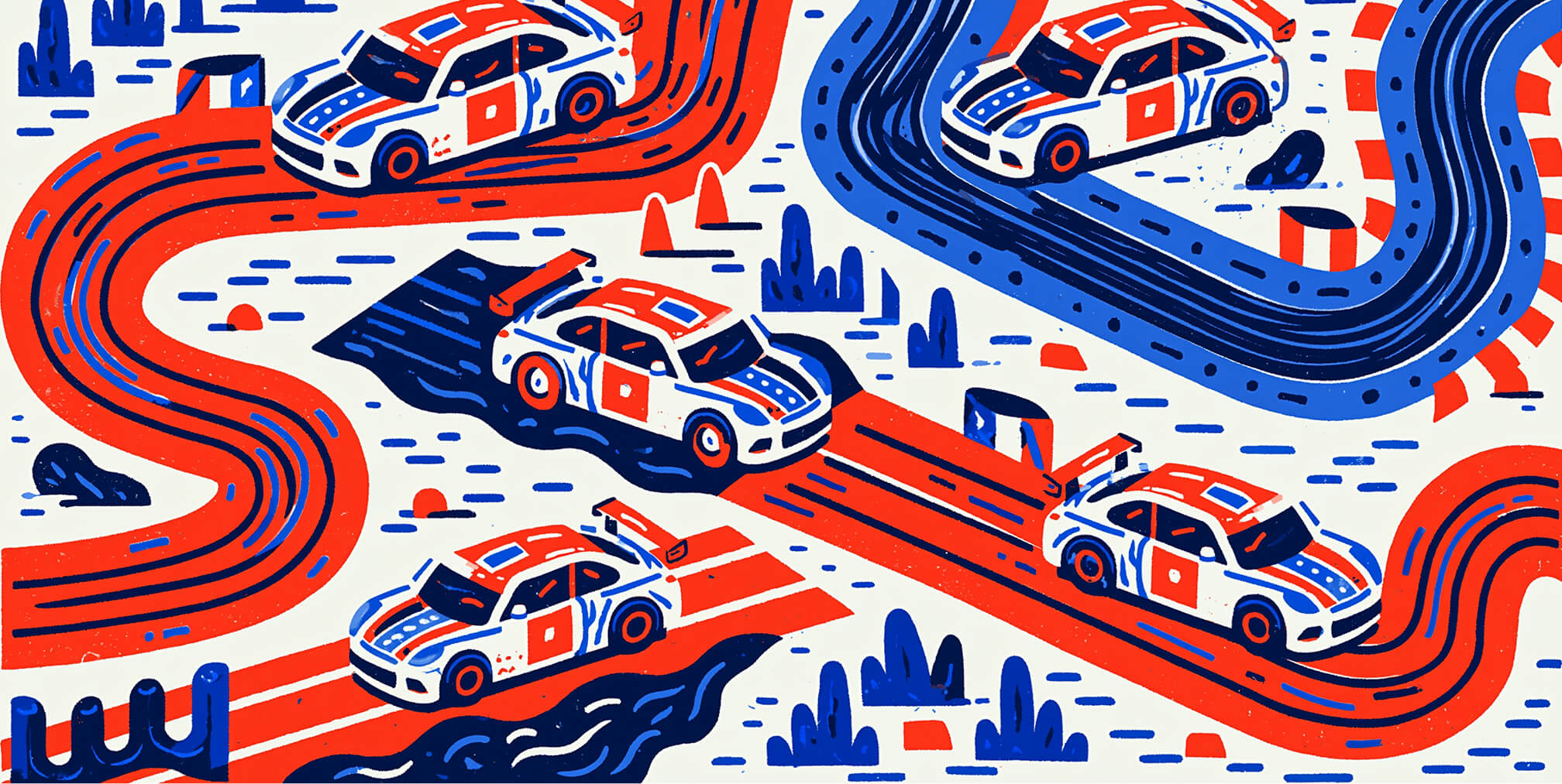 Stylized race cars navigating a winding track to represent business growth consulting, strategic planning, competitive positioning, and accelerating sustainable business performance.