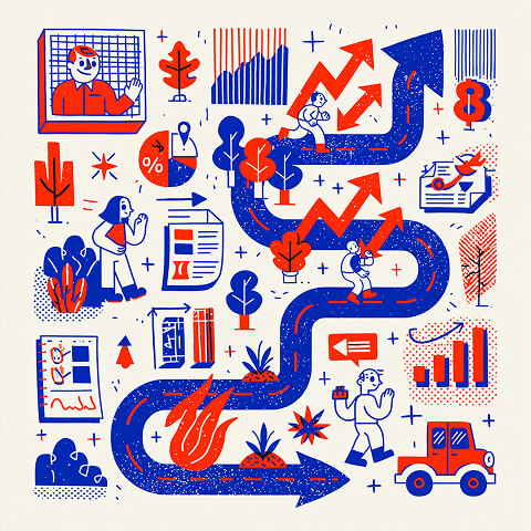 Strategic growth illustration featuring market expansion, operational improvements, performance analytics, leadership guidance, and increasing business results across multiple initiatives.
