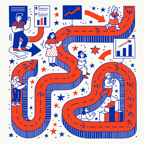 Illustrated roadmap showing a business growth strategy with milestones, performance dashboards, upward trends, and consultants guiding companies through each stage of growth.