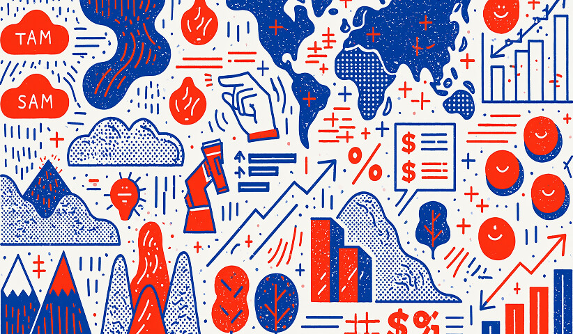 Market expansion illustration with TAM, SAM, financial projections, global opportunities, revenue forecasting, and growth strategy planning for expanding into new markets.