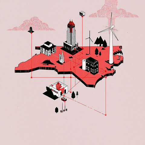 North Carolina business ecosystem illustrated as an interconnected map featuring commercial buildings, infrastructure, renewable energy, and local communities that support entrepreneurship and economic growth.