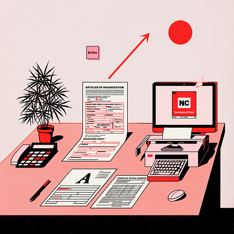 Business registration workspace featuring Articles of Organization, tax documents, accounting records, and the North Carolina Secretary of State filing portal for forming a new company.
