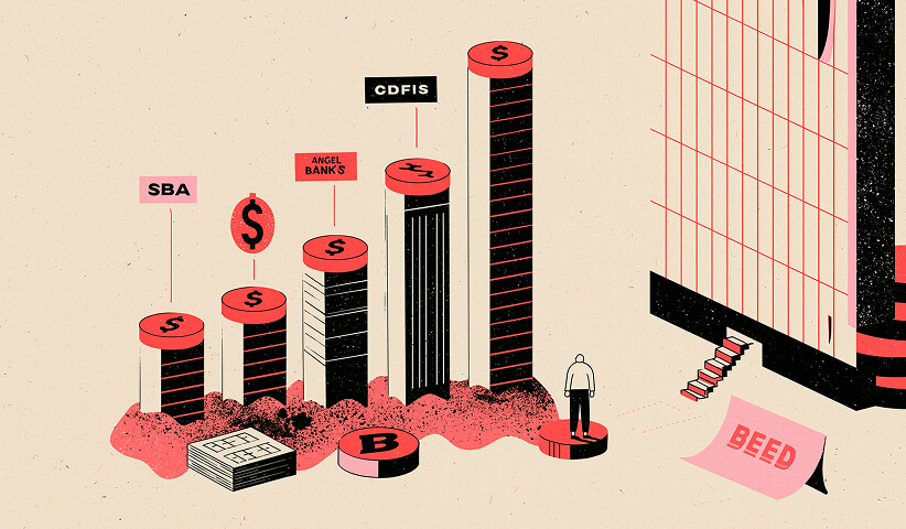 Funding options for North Carolina startups illustrated through increasing financial pillars representing SBA loans, angel investors, CDFIs, grants, and business capital for growth.