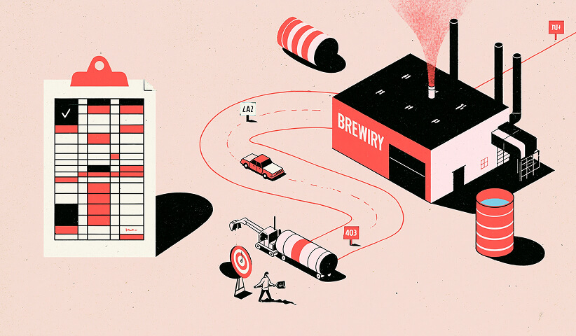 Operational planning illustration featuring compliance checklists, manufacturing, logistics, permits, and production workflows required to successfully launch and operate a business.