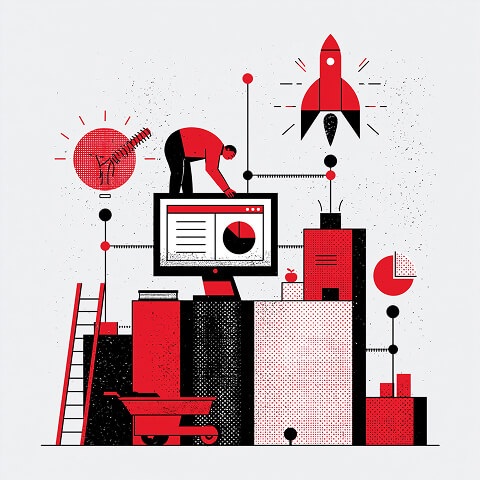 Business growth platform featuring analytics dashboards, strategic planning, project execution, and a rocket launch symbolizing successful online business development.