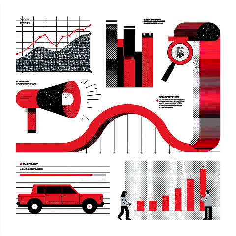 Market research dashboard illustrating demand analysis, competitor research, customer interviews, waitlist growth, and business validation before launching an online business.