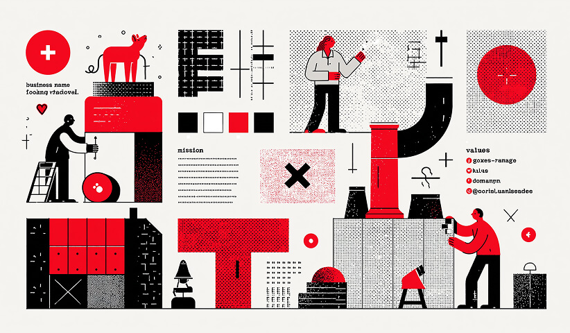 Brand strategy workspace featuring business positioning, mission, values, visual identity, and brand-building activities for establishing a successful online business.
