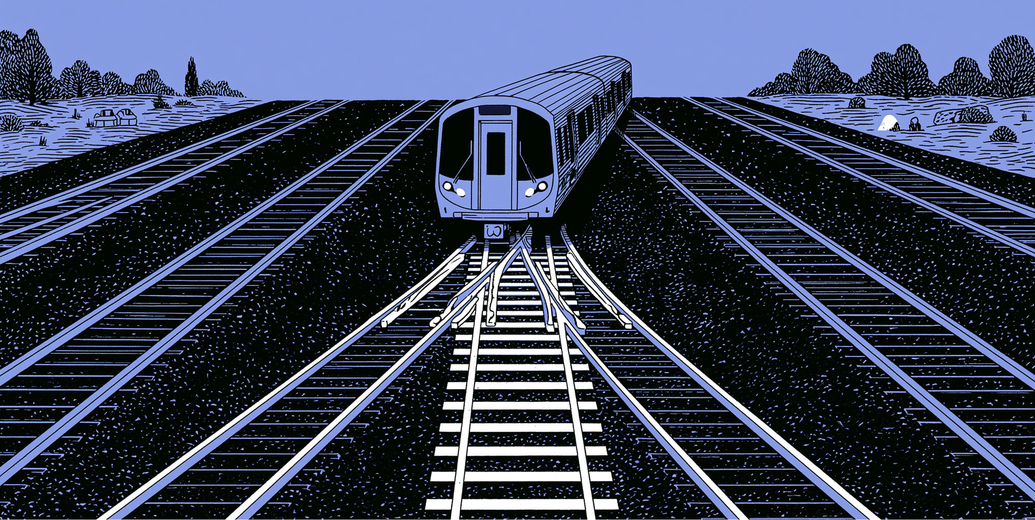 Train moving toward a central track junction, representing the strategic choices and direction required to build a competitive business-level strategy.