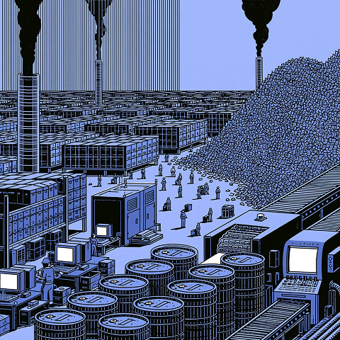 Industrial business environment filled with production facilities, workers, inventory, computers, and financial resources, illustrating the complexity of operational strategy.