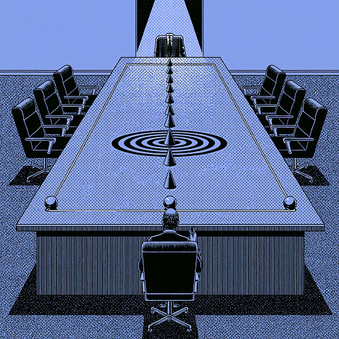Executive boardroom with a single decision-maker facing a central target, representing focused leadership, strategic alignment, and goal-driven decision-making.