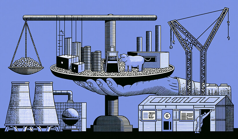 Balanced industrial ecosystem held above factories and infrastructure, representing trade-offs between growth, investment, capacity, and business sustainability.