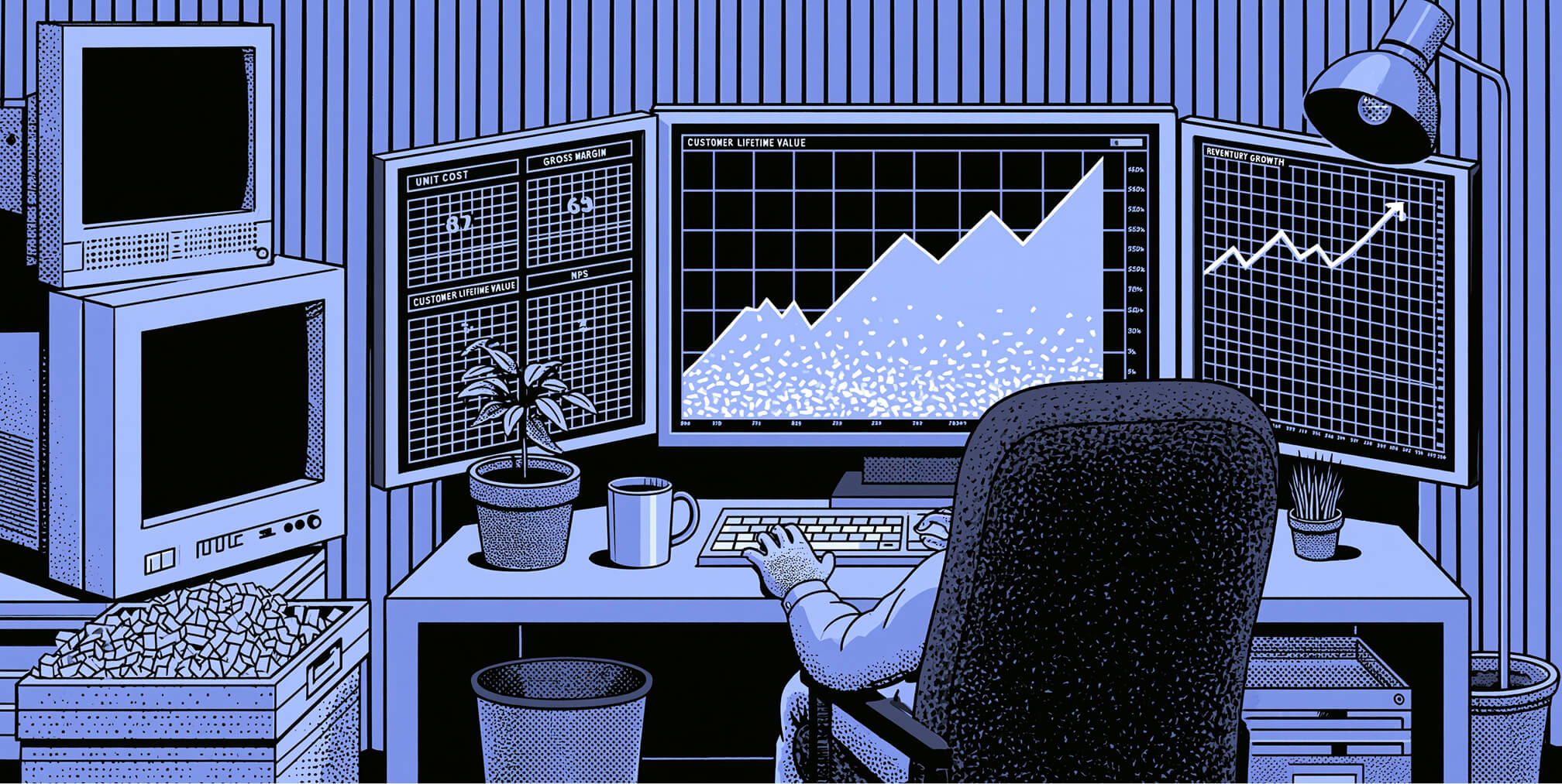 Executive monitoring dashboards for unit cost, gross margin, customer lifetime value, NPS, and revenue growth to measure strategy performance.