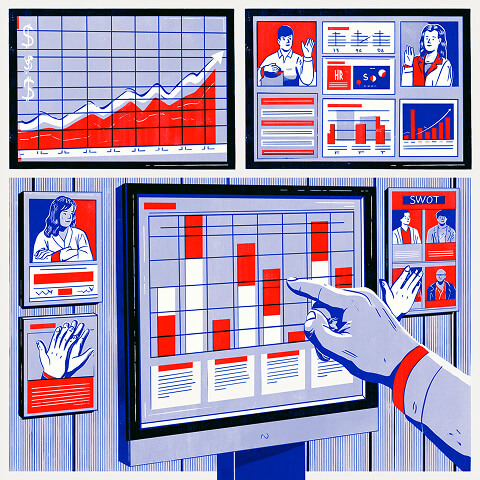 Executive dashboard displaying business performance metrics, SWOT analysis, financial trends, and strategic planning insights.