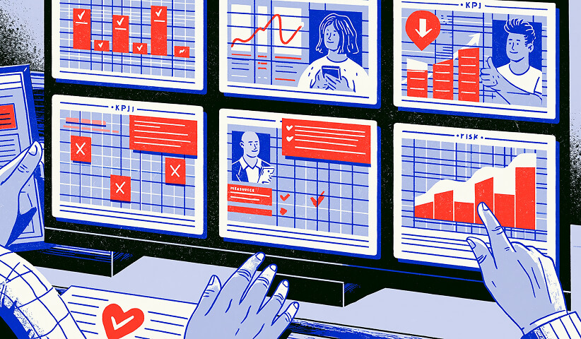 KPI dashboard tracking business objectives, project progress, performance indicators, and operational risks across multiple teams.