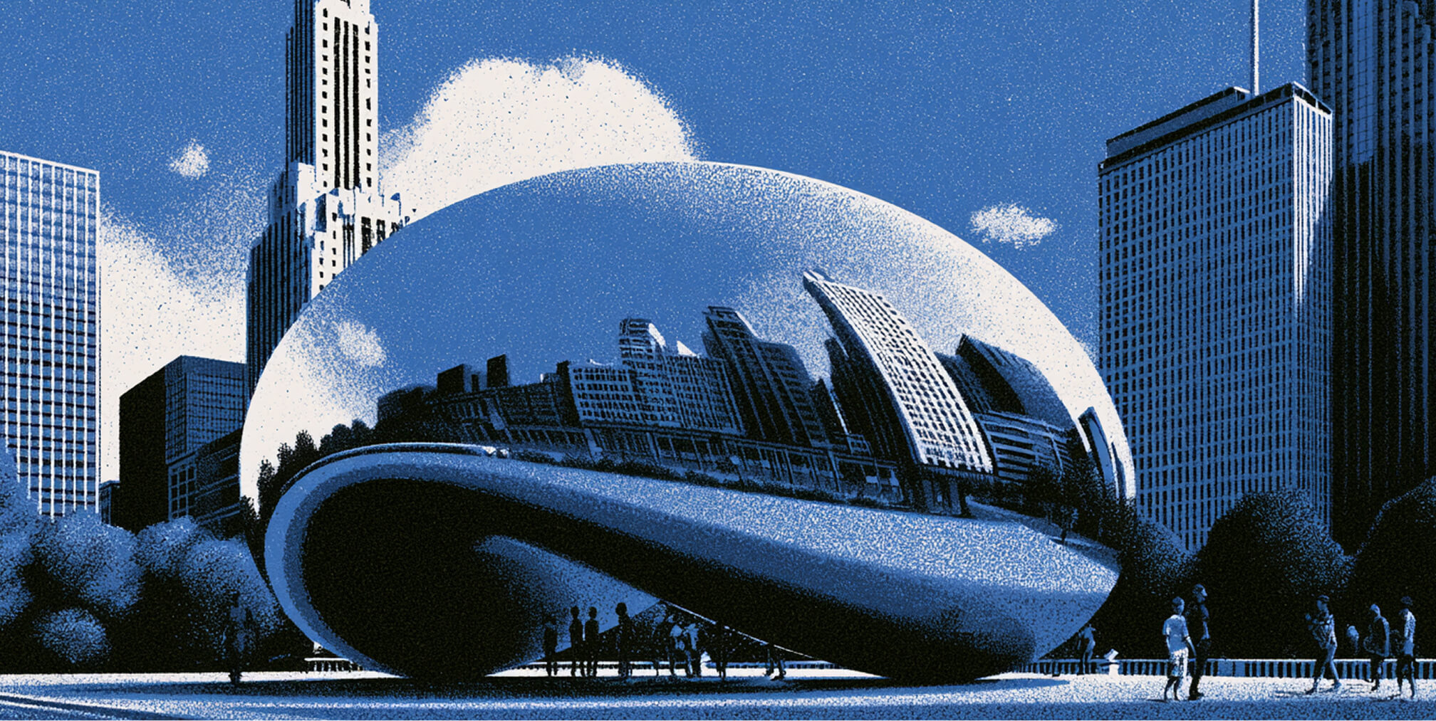 Chicago skyline reflected in Cloud Gate, representing the process of registering and launching a business in Illinois.