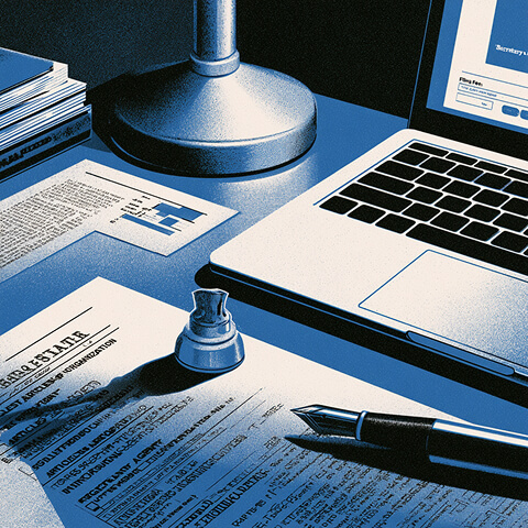 Business formation documents, laptop, pen, and official stamp arranged for registering a company in Illinois.