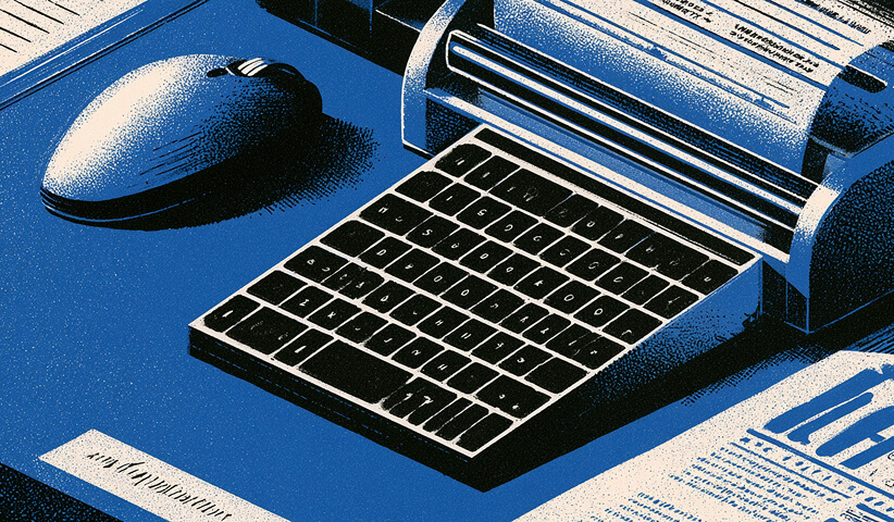 Computer keyboard and business documents used to complete an Illinois company registration application.