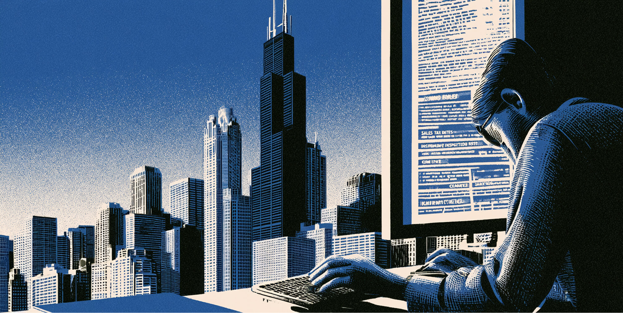 Illinois business owner completing online tax, licensing, and registration requirements with the Chicago skyline in the background.