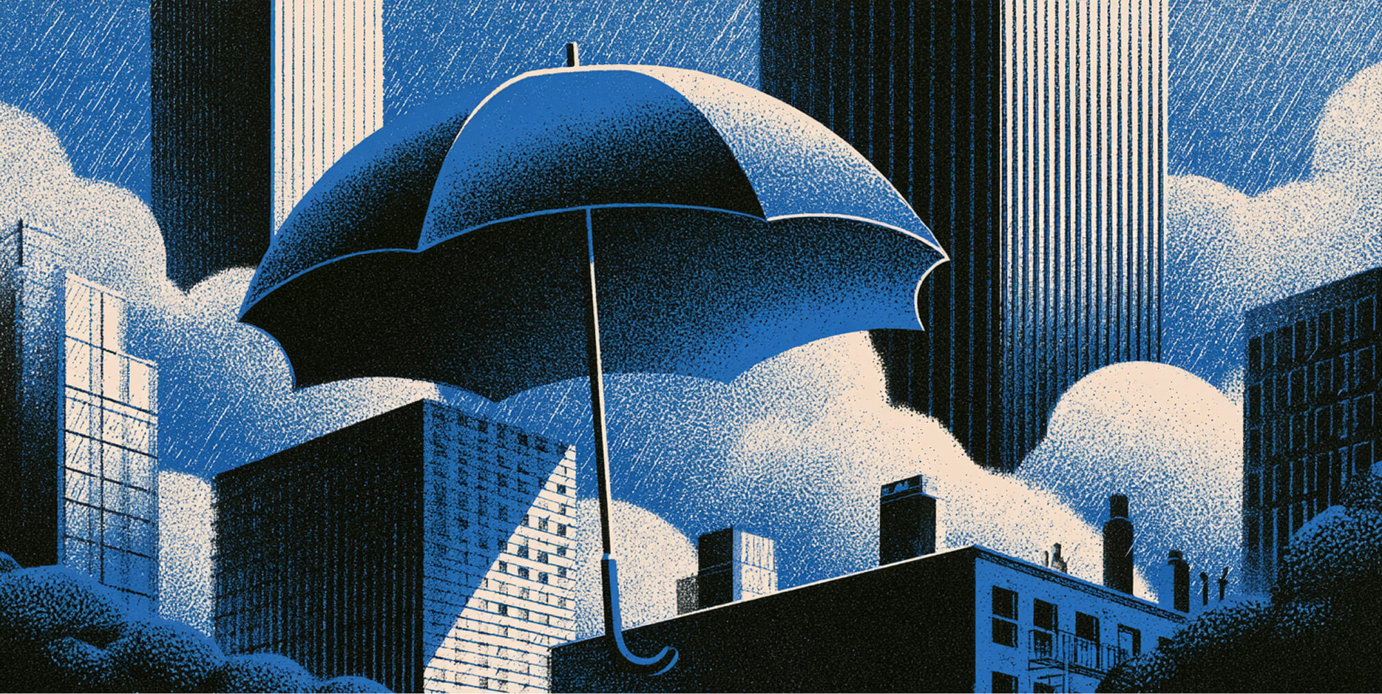 Umbrella protecting Chicago buildings, symbolizing legal compliance, liability protection, and risk management for Illinois businesses.