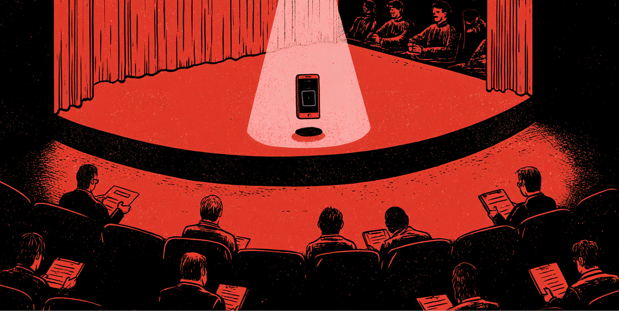 Smartphone app under a spotlight before investors, symbolizing startup founders pitching a mobile app to secure venture capital funding.