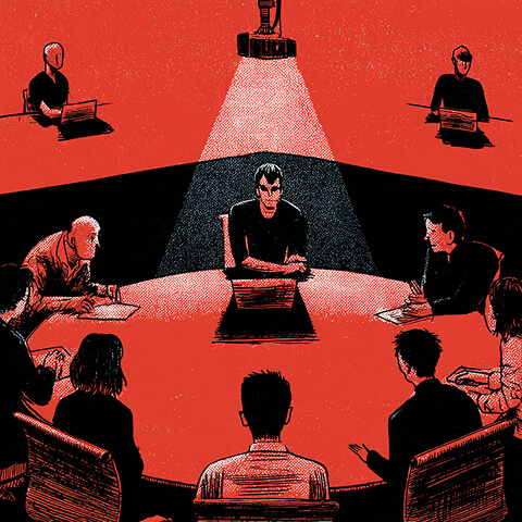 Startup founder pitching a mobile app to investors around a conference table during a funding presentation.