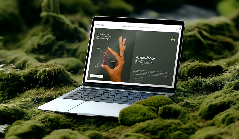 Cannabis brand website displayed on a laptop in a natural setting, combining digital design with an organic brand aesthetic.