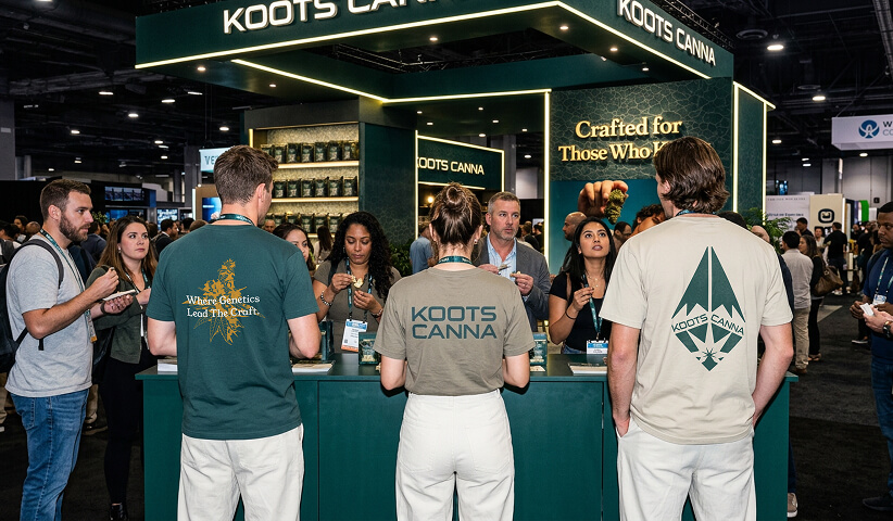 Cannabis brand trade show booth with branded apparel, displays, and customer interactions at an industry event.
