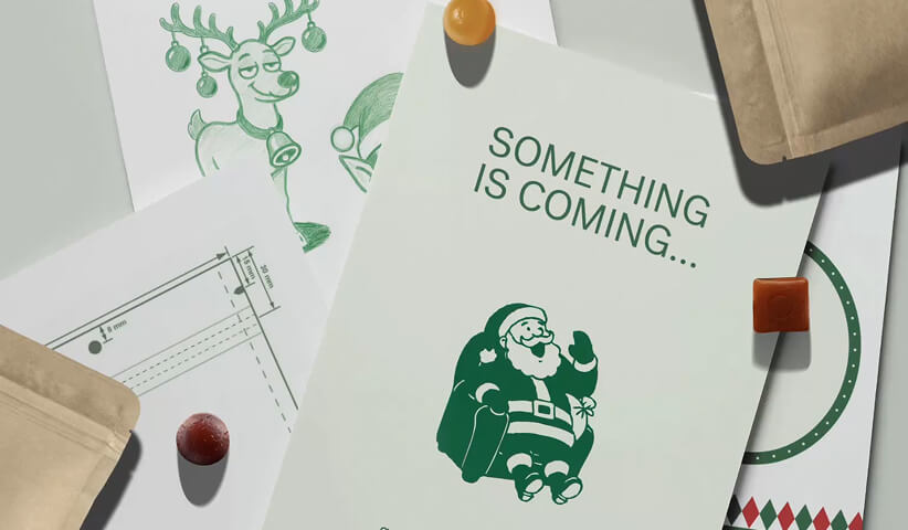 Cannabis brand campaign materials featuring illustrated holiday-themed graphics and cohesive visual branding.